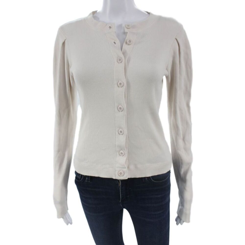 Amo Womens Cardigan Sweater Ivory 100% Cotton Crew Neck Long Sleeve Size XS